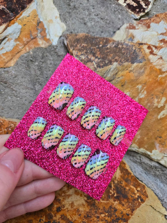 Short square pastel tie dye rainbow nails custom made