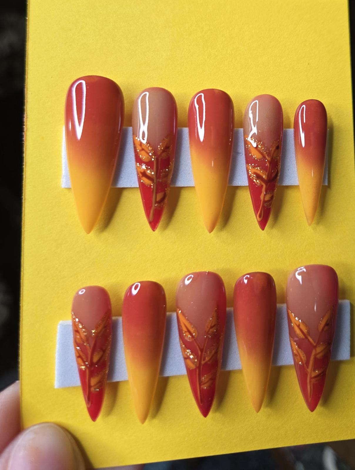 Fall ombre leaves press on nails custom made