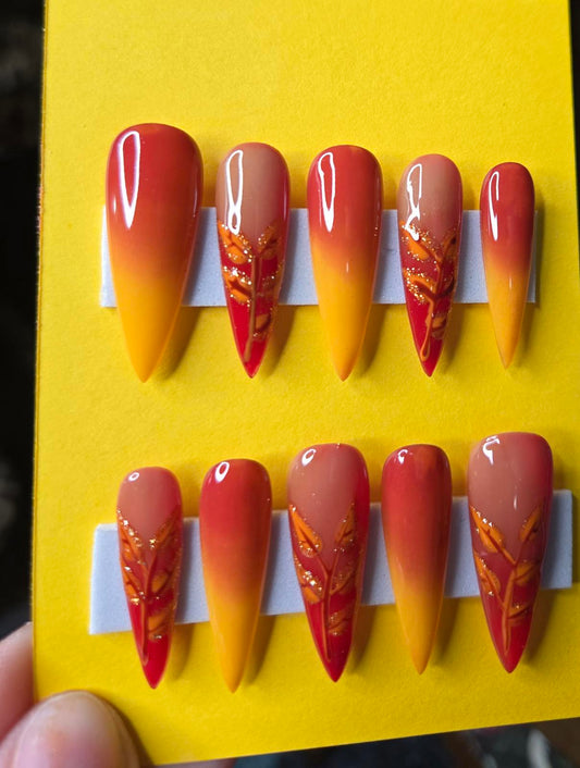 Fall ombre leaves press on nails custom made