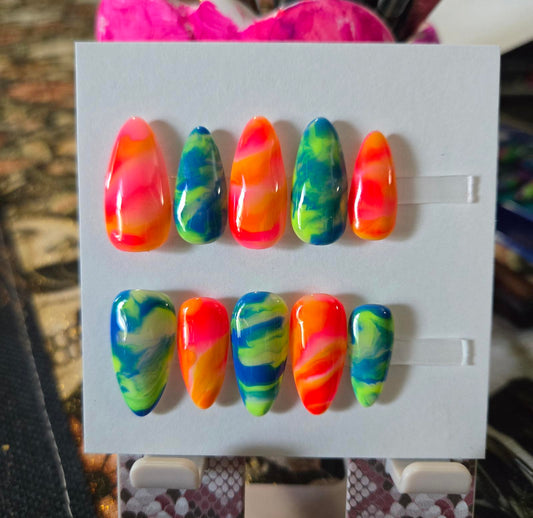 Neon marble almond nails custom made