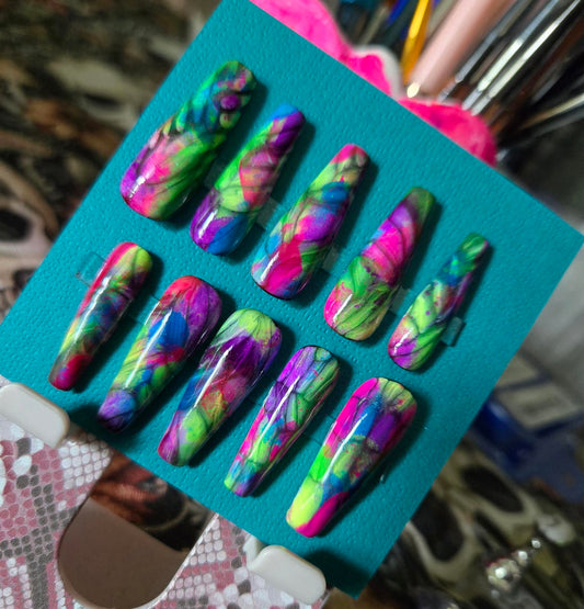 Long coffin colorful abstract nails custom made
