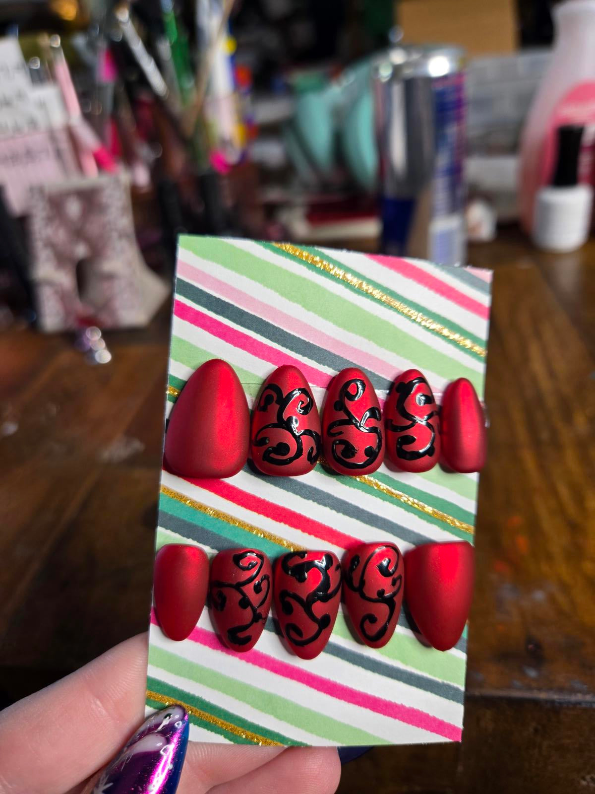 Red matte chrome black design nails custom made