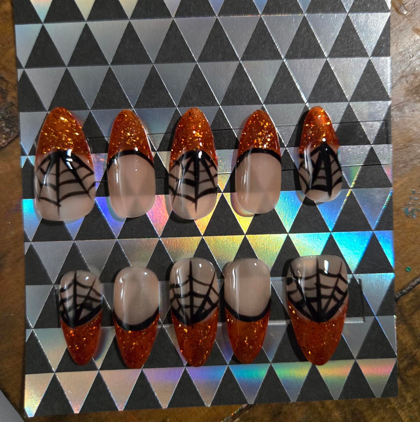 Almond orange glitter french tip with spiderwebs press on nails custom made