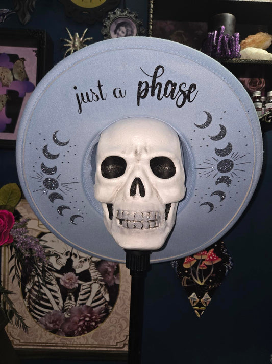Blue vegan wool wide brim fedora hat with moon phases "just a phase"