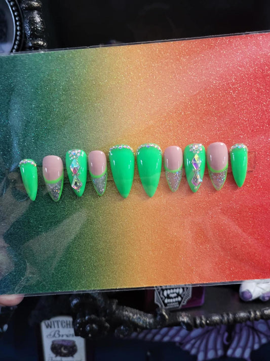 Neon green sparkly stiletto press on nails custom made