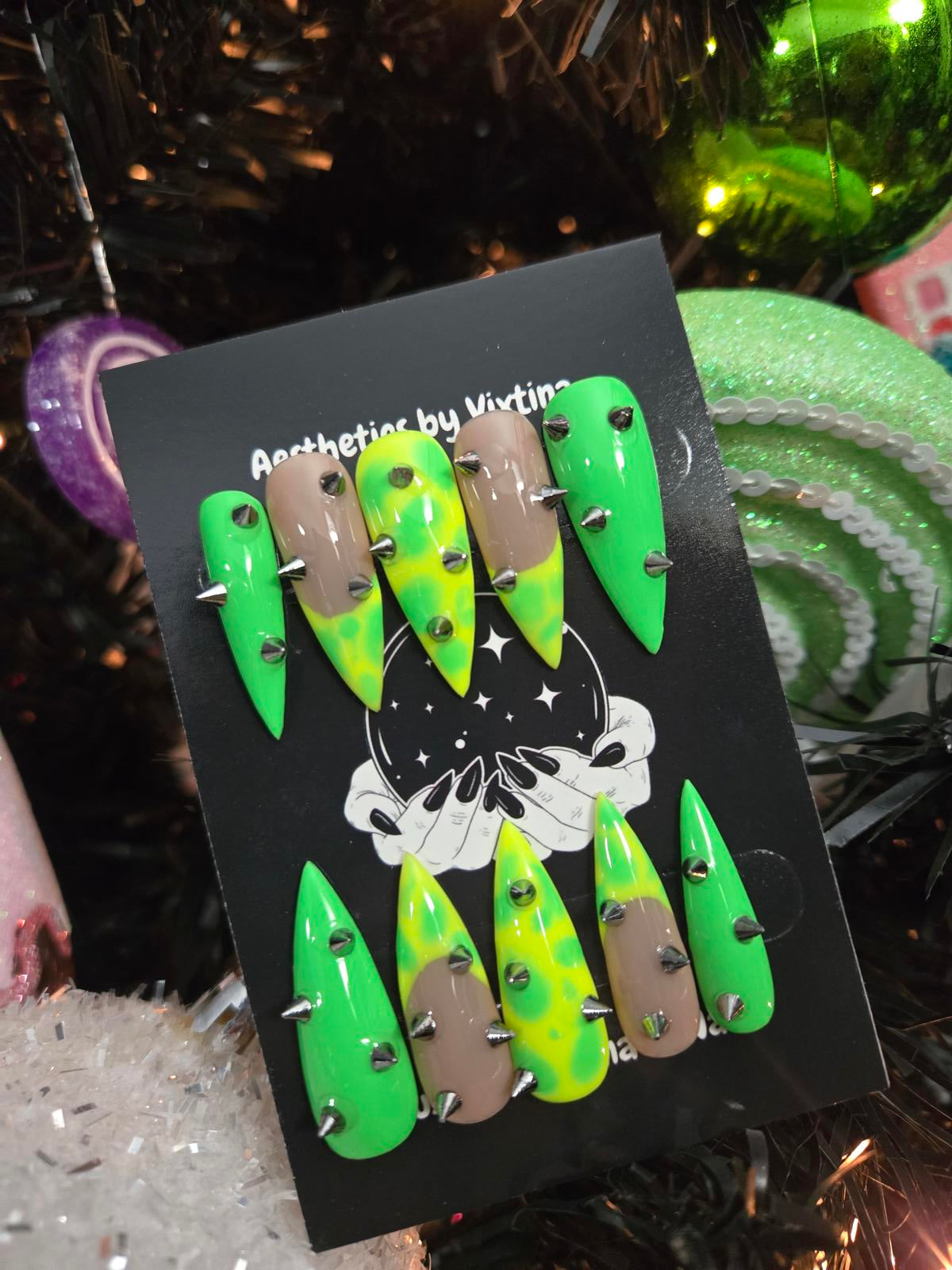 Electric green stiletto spike nails custom made