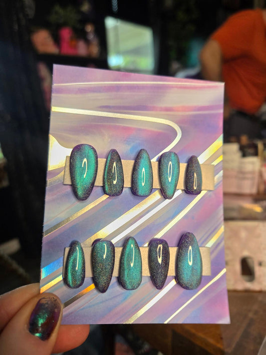 blue purple shift cat eye handmade nails
