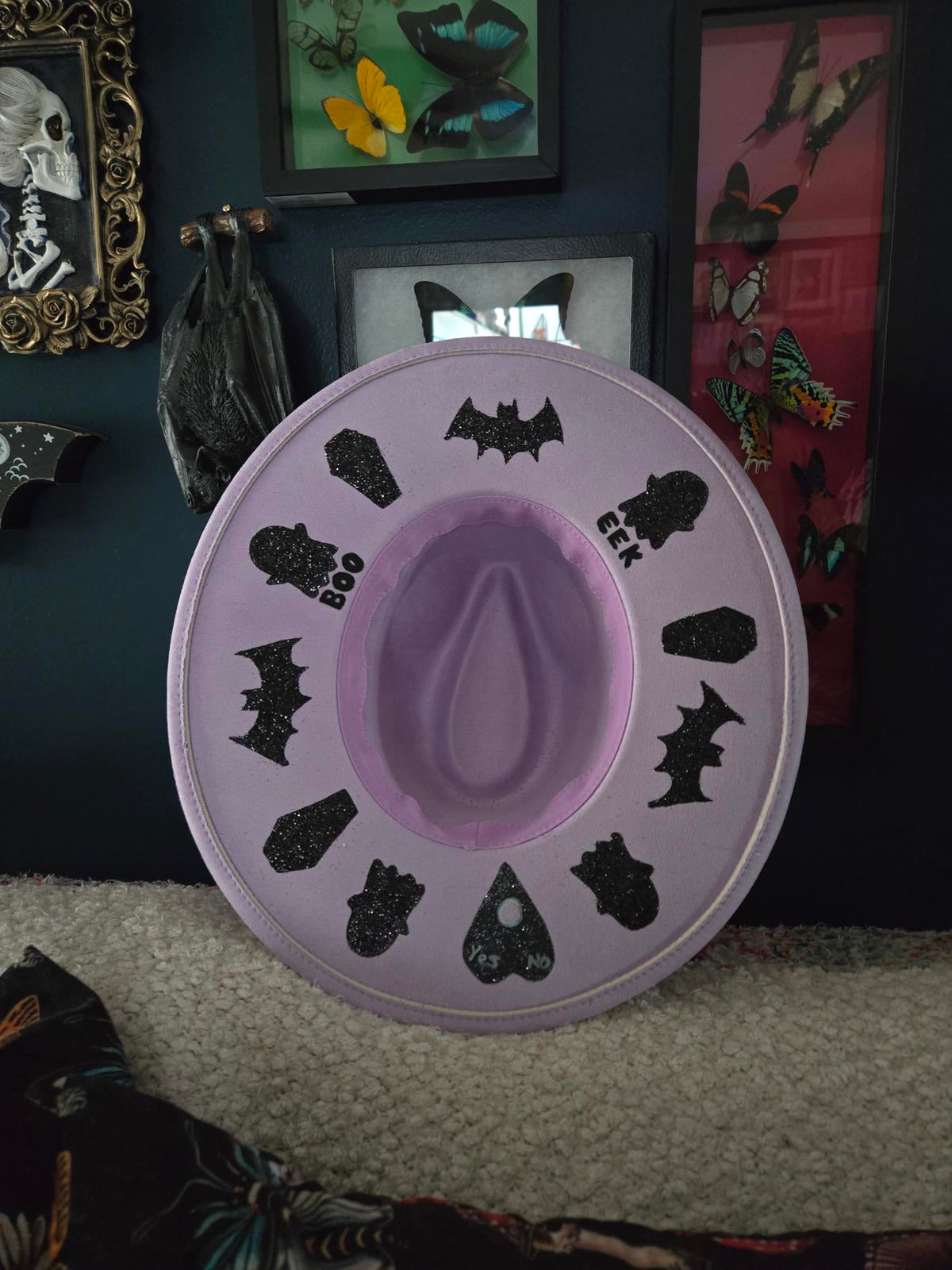 Lavender pastel goth hand painted witchy wide brim hat