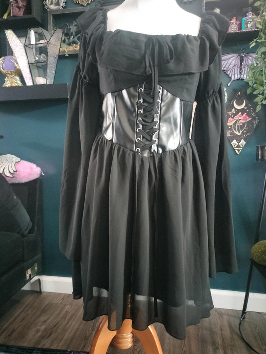Black gothic dress with long sheer sleeves and lace up front