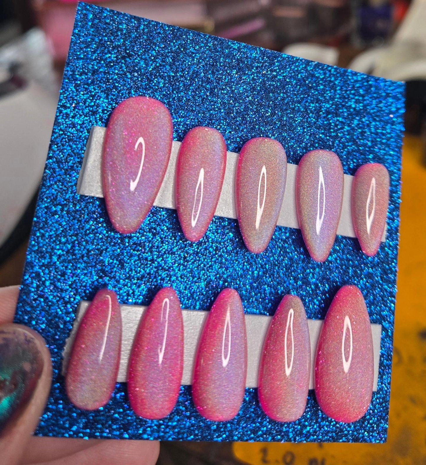 Pink holographic cat eye handmade nails press ons