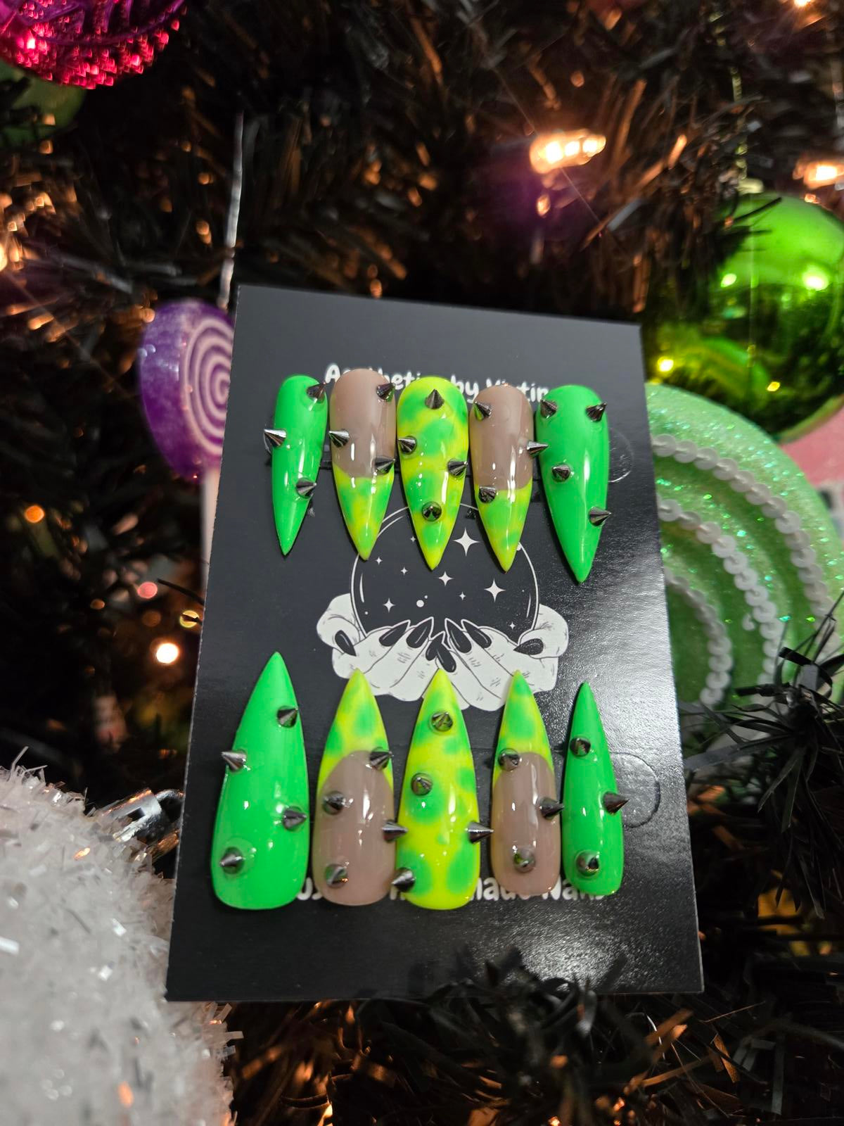 Electric green stiletto spike nails custom made