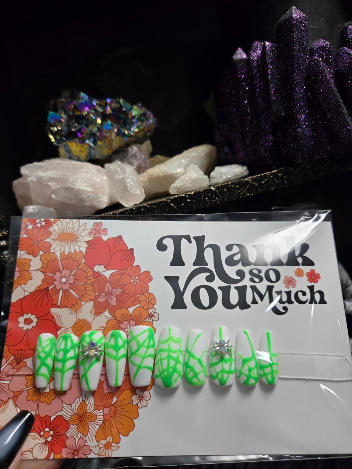 Matte white press on nails with glow in the dark green spiderwebs handmade