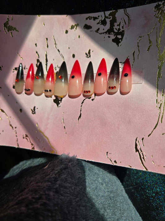 handmade stiletto red and black ombre gothic press on nails