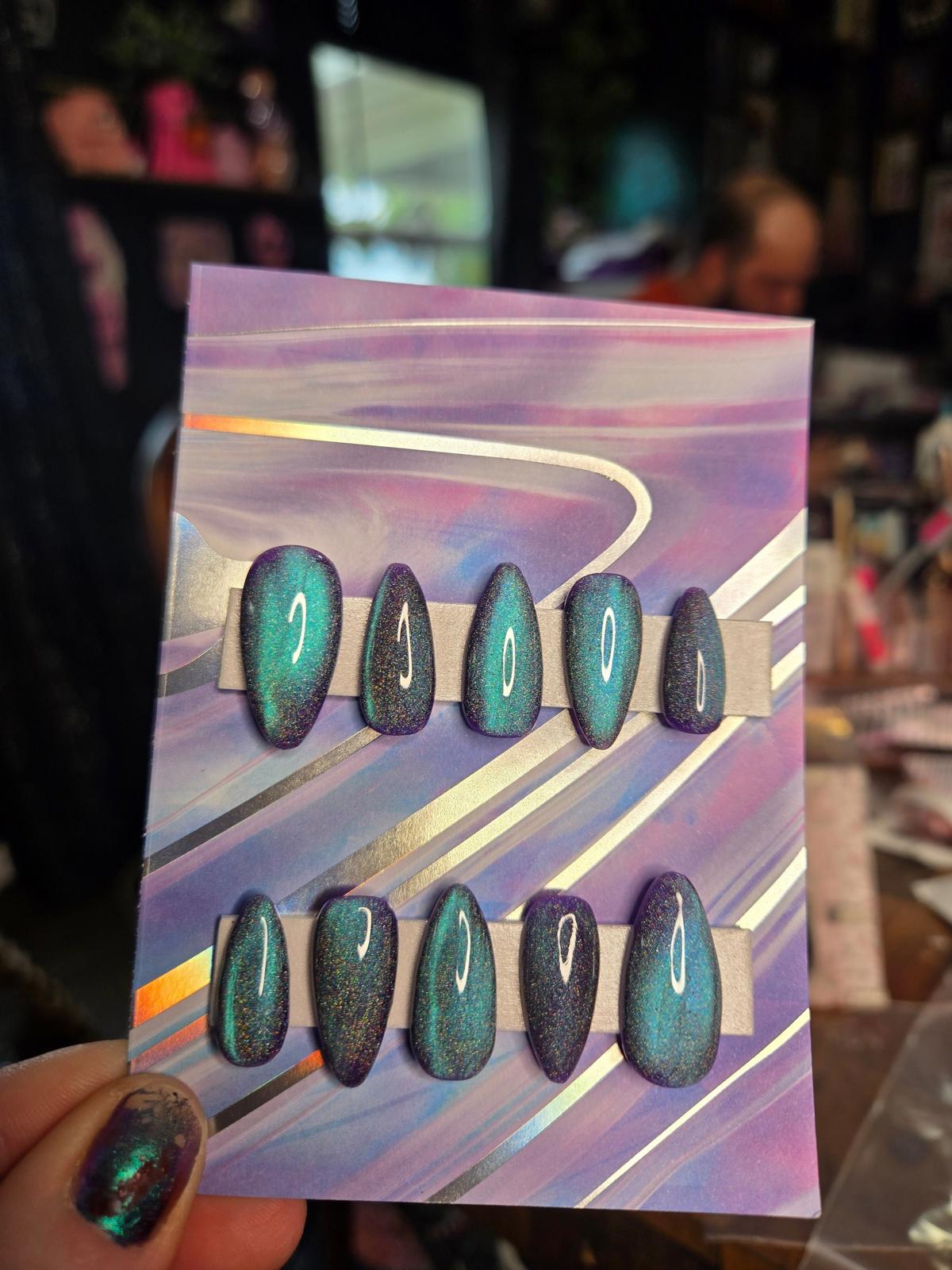 blue purple shift cat eye handmade nails