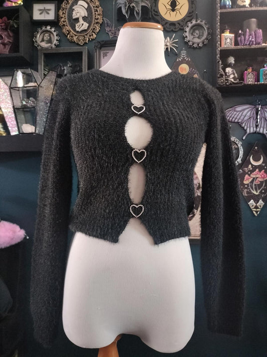 Cute fuzzy cropped sweater with heart buttons