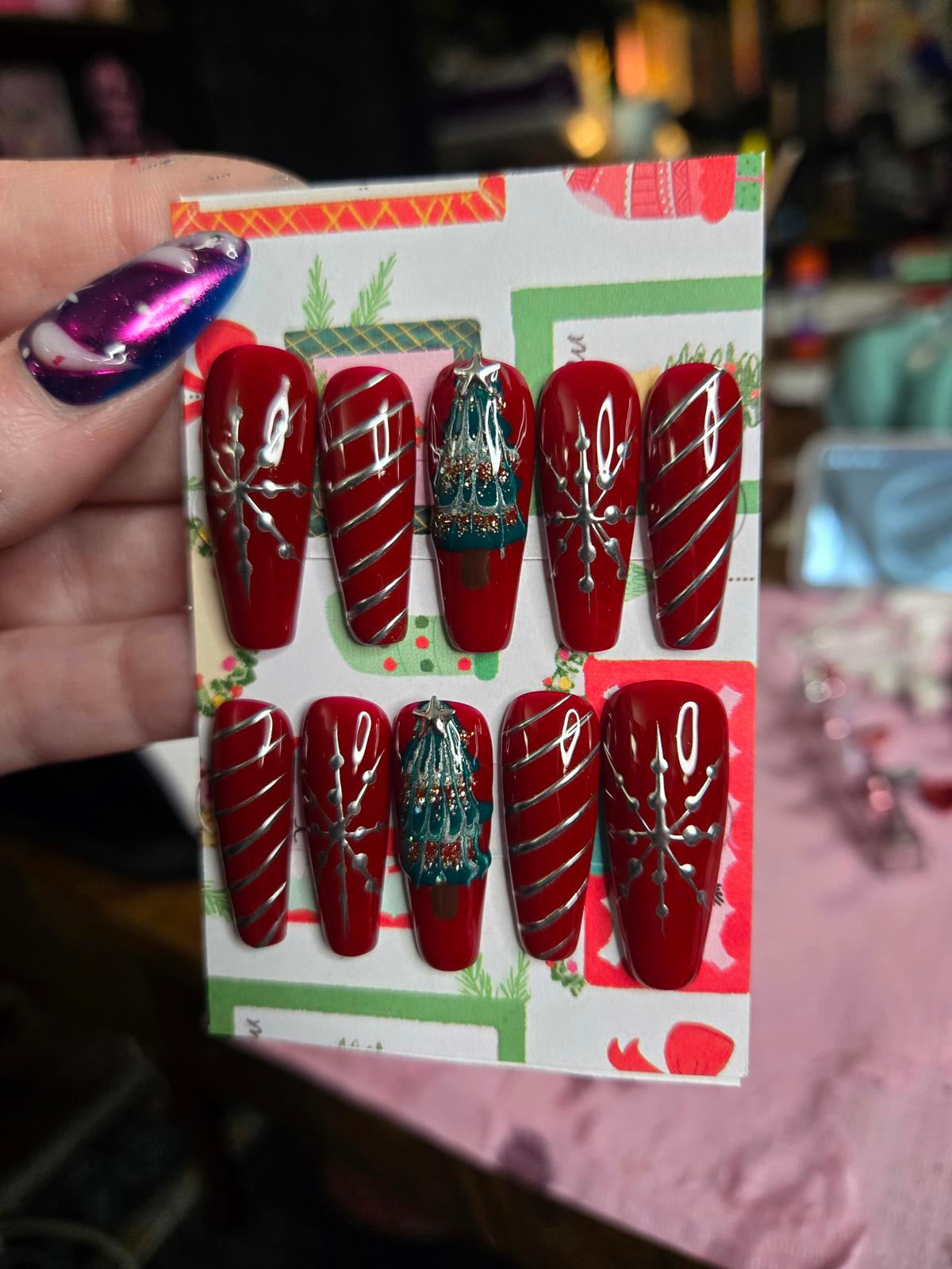 Red and silver christmas press on nails custom made