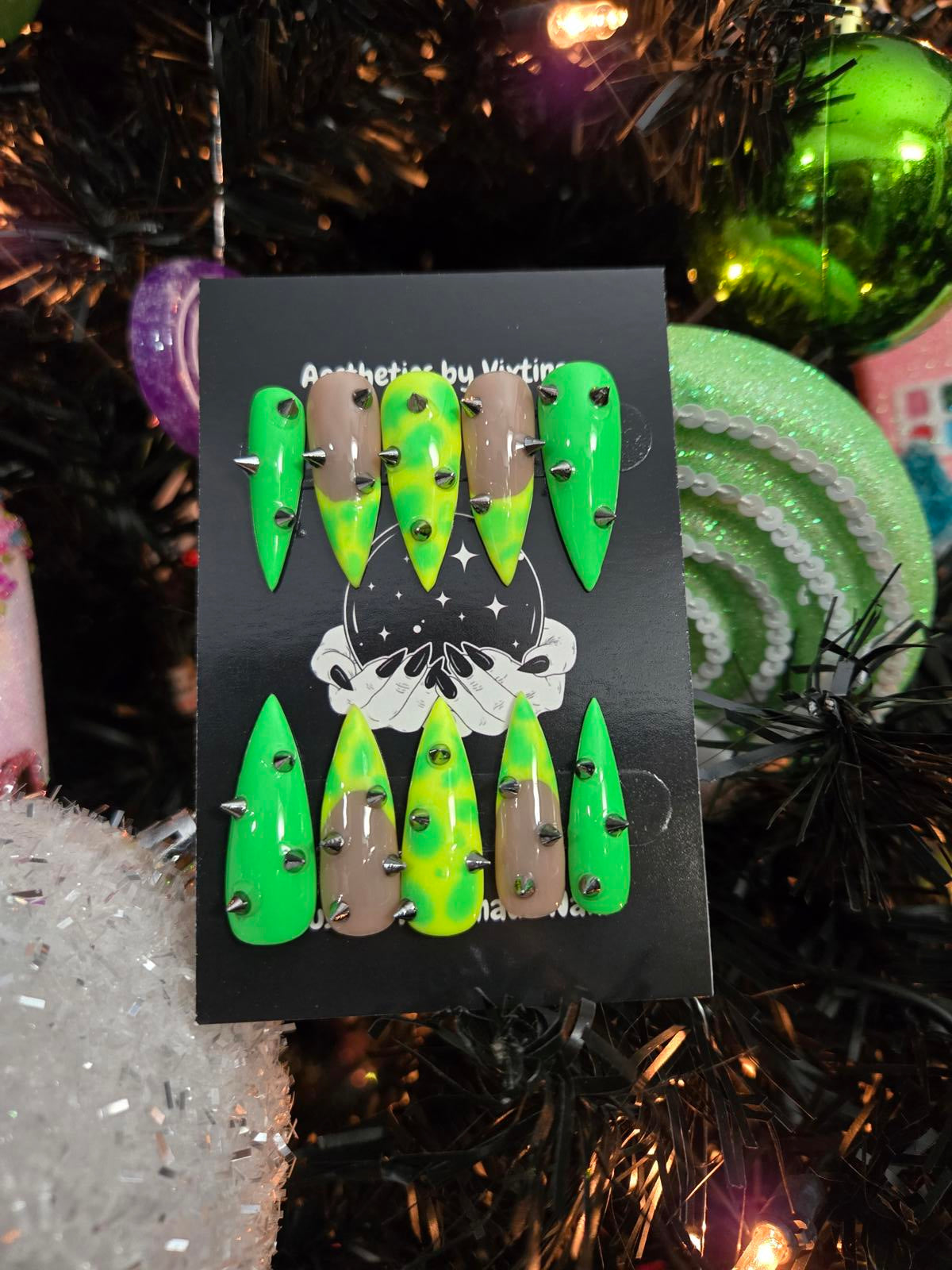 Electric green stiletto spike nails custom made