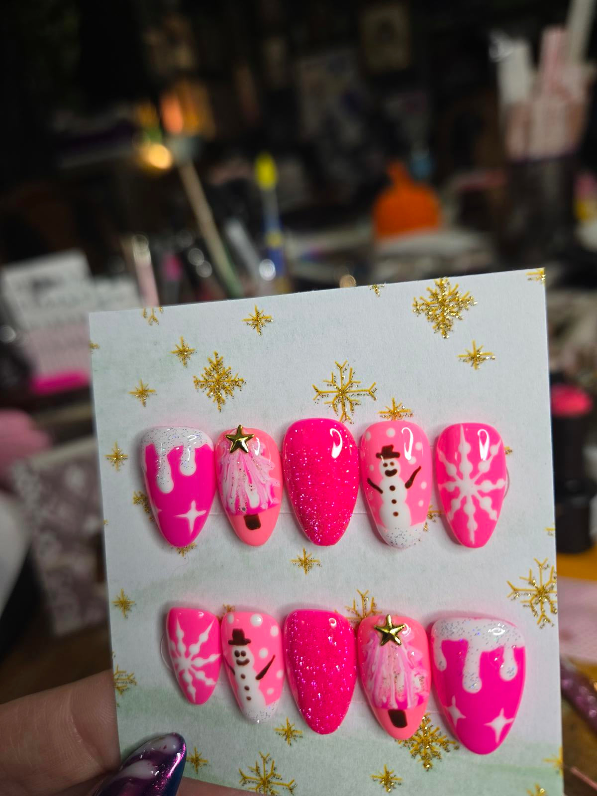 Almond pink Christmas press on nails custom made