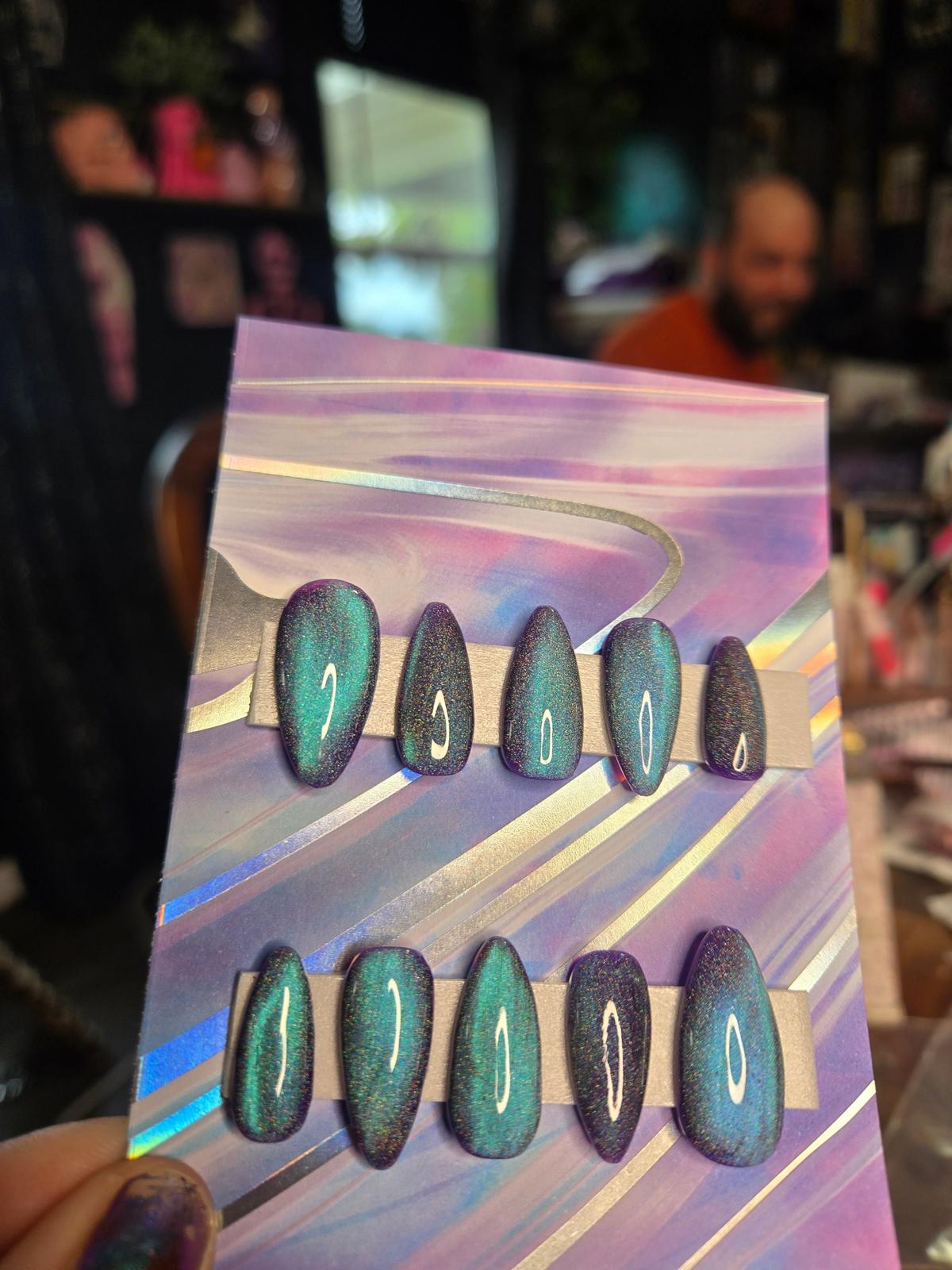 blue purple shift cat eye handmade nails
