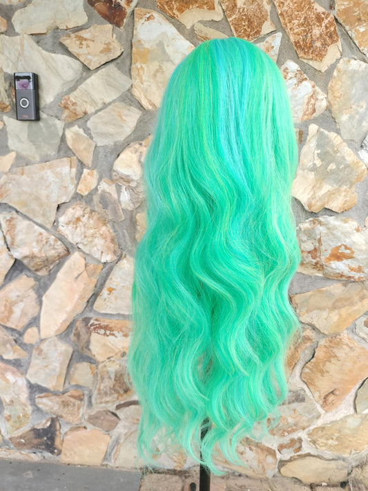 Turquoise and seafoam green wavy lace front wig