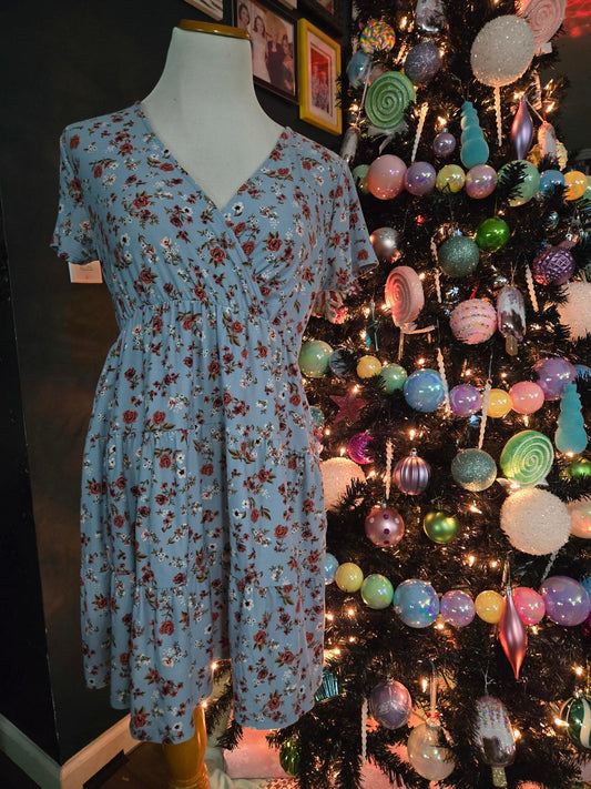 Blue floral mini dress wrap style