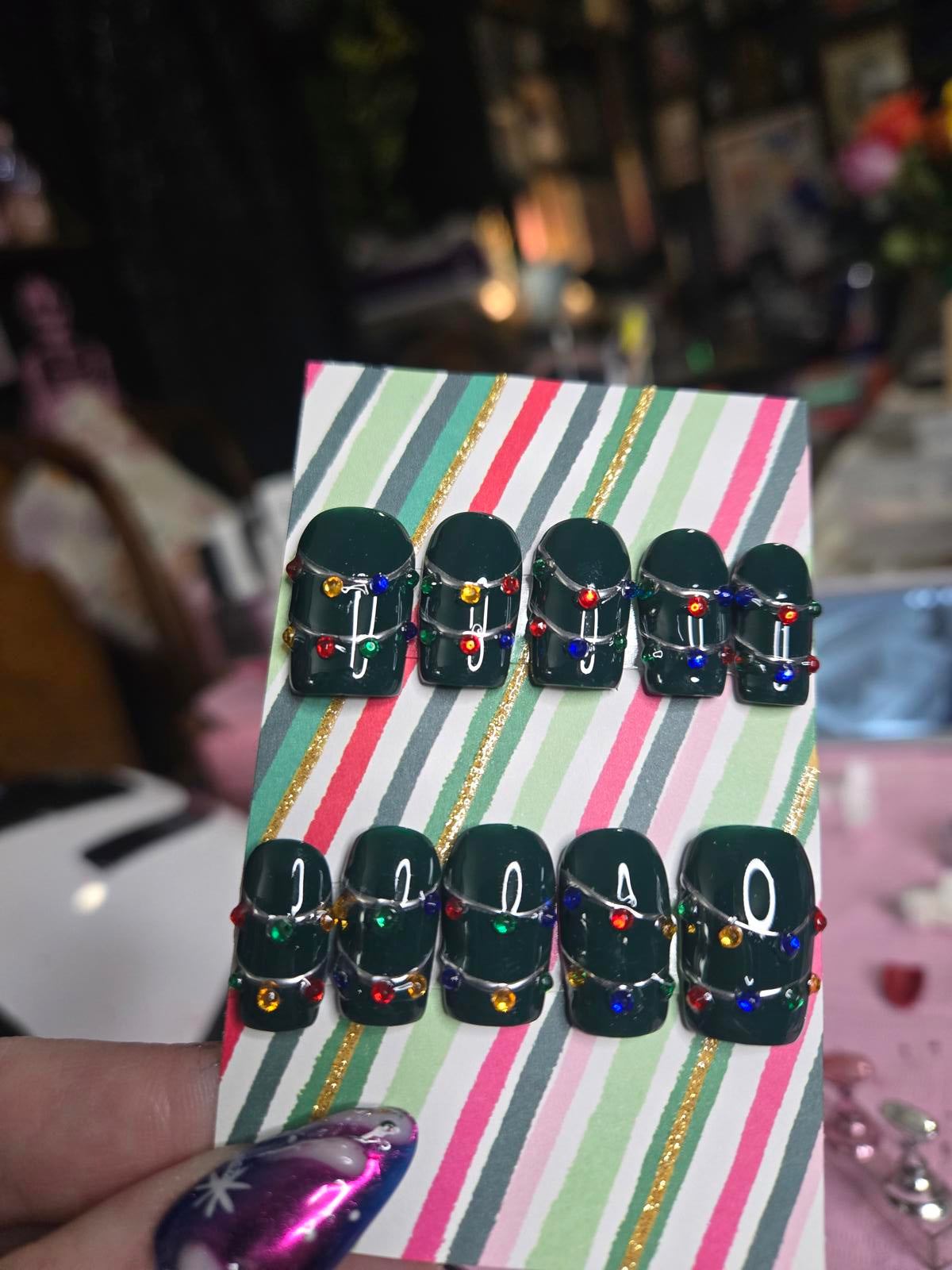 Dark green square christmas lights nails custom made