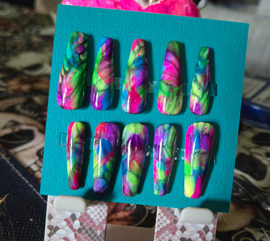 Long coffin colorful abstract nails custom made