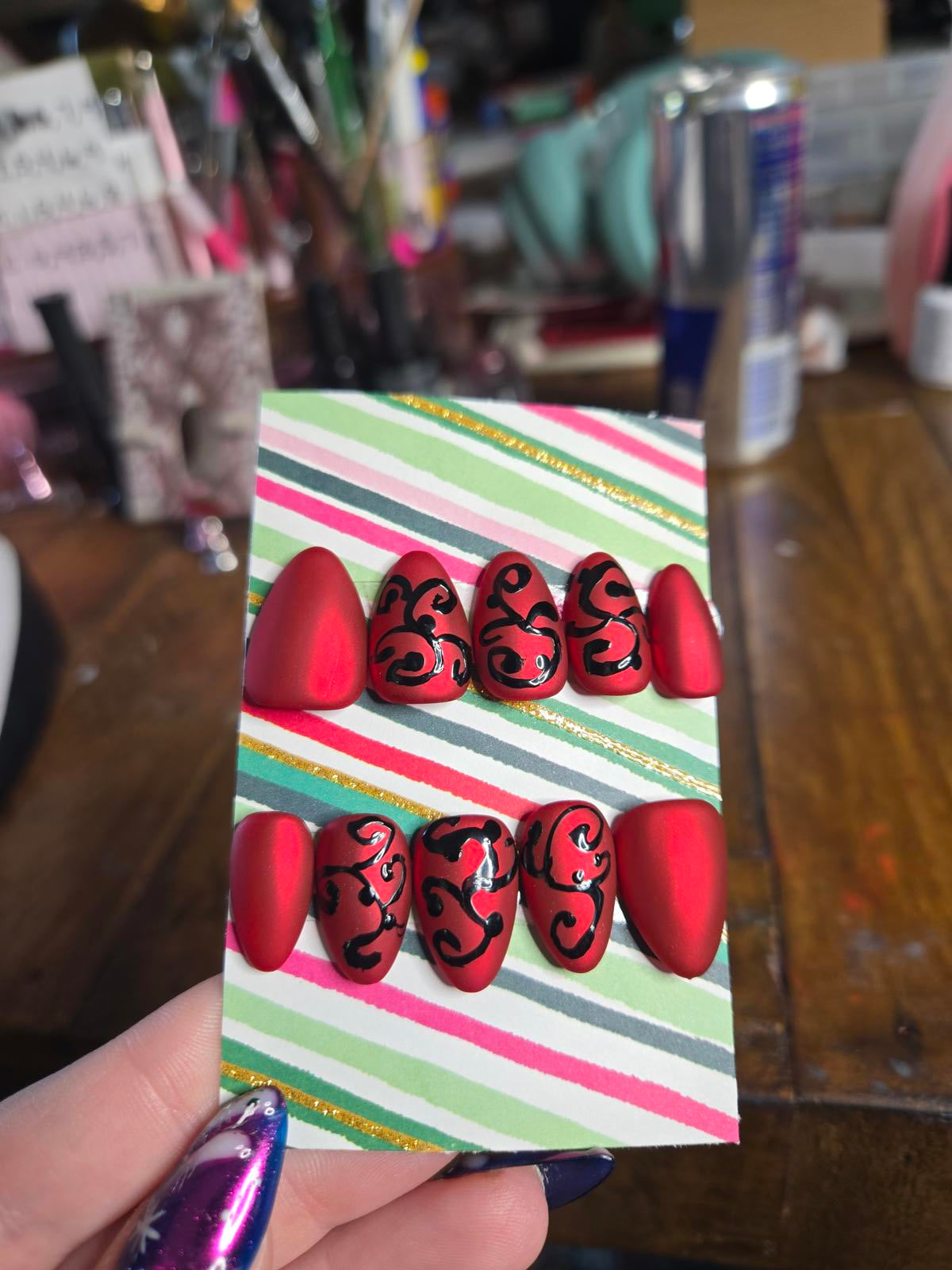 Red matte chrome black design nails custom made
