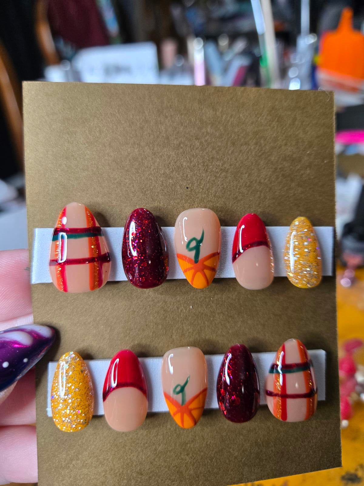 Fall thanksgiving pumpkin plaid nails custom made