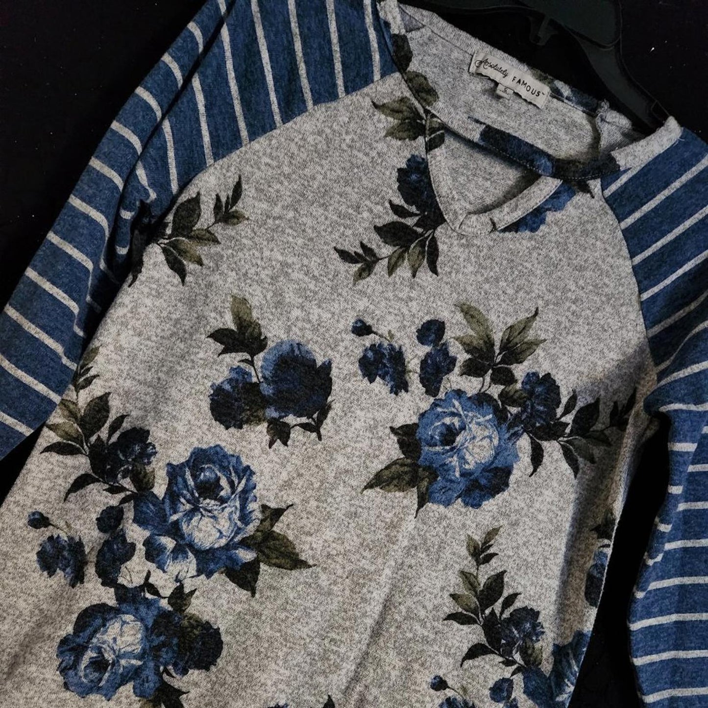 Grey & blue striped floral sweater