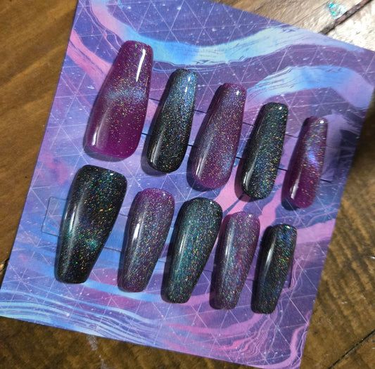 Handmade galaxy cats eye coffin shaped press on nails custom made