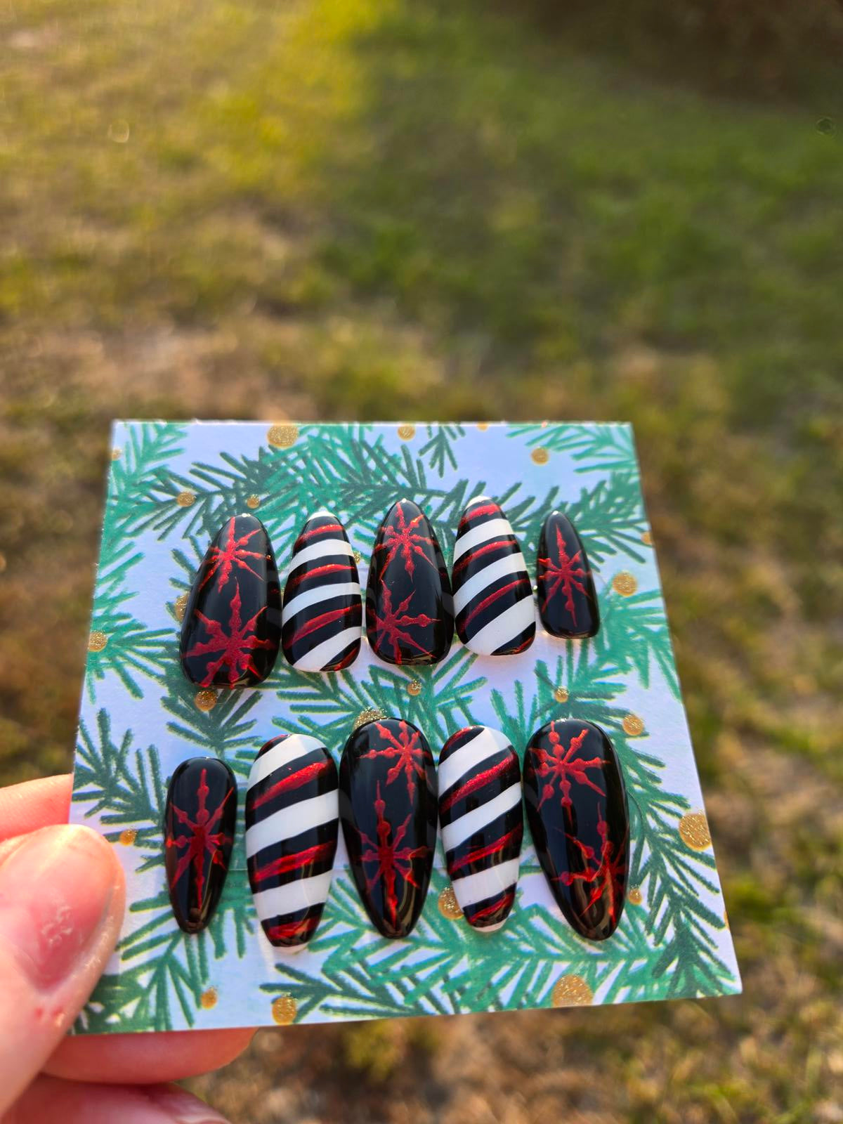 Black white and red Christmas chrome snowflake nails custom made