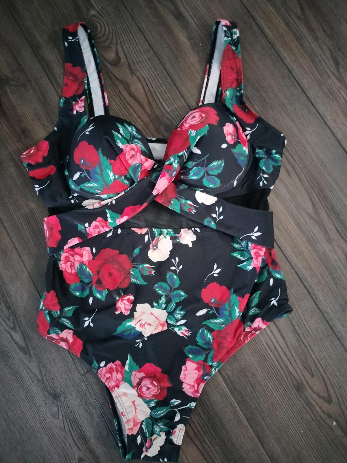 Black and red floral one piece swimsuit