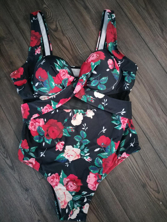 Black and red floral one piece swimsuit