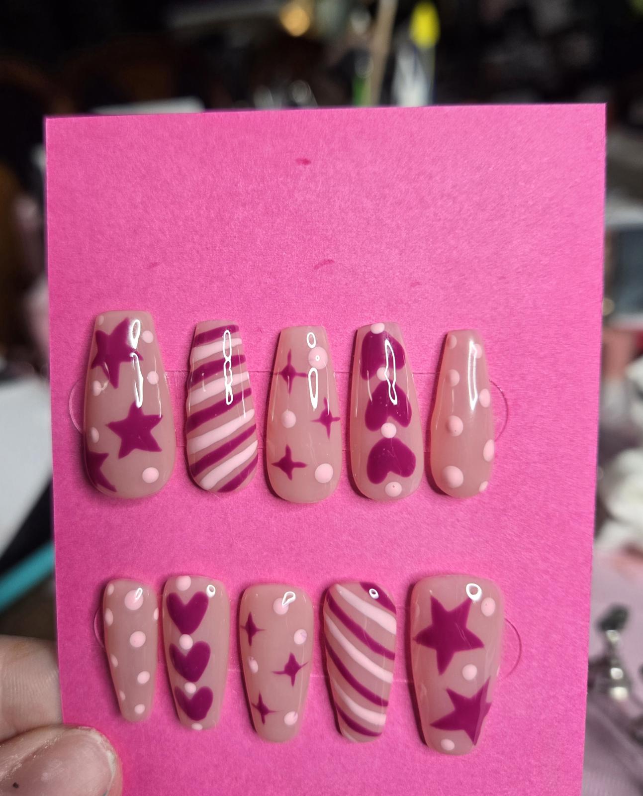 Pink and magenta stars and hearts nails custom made