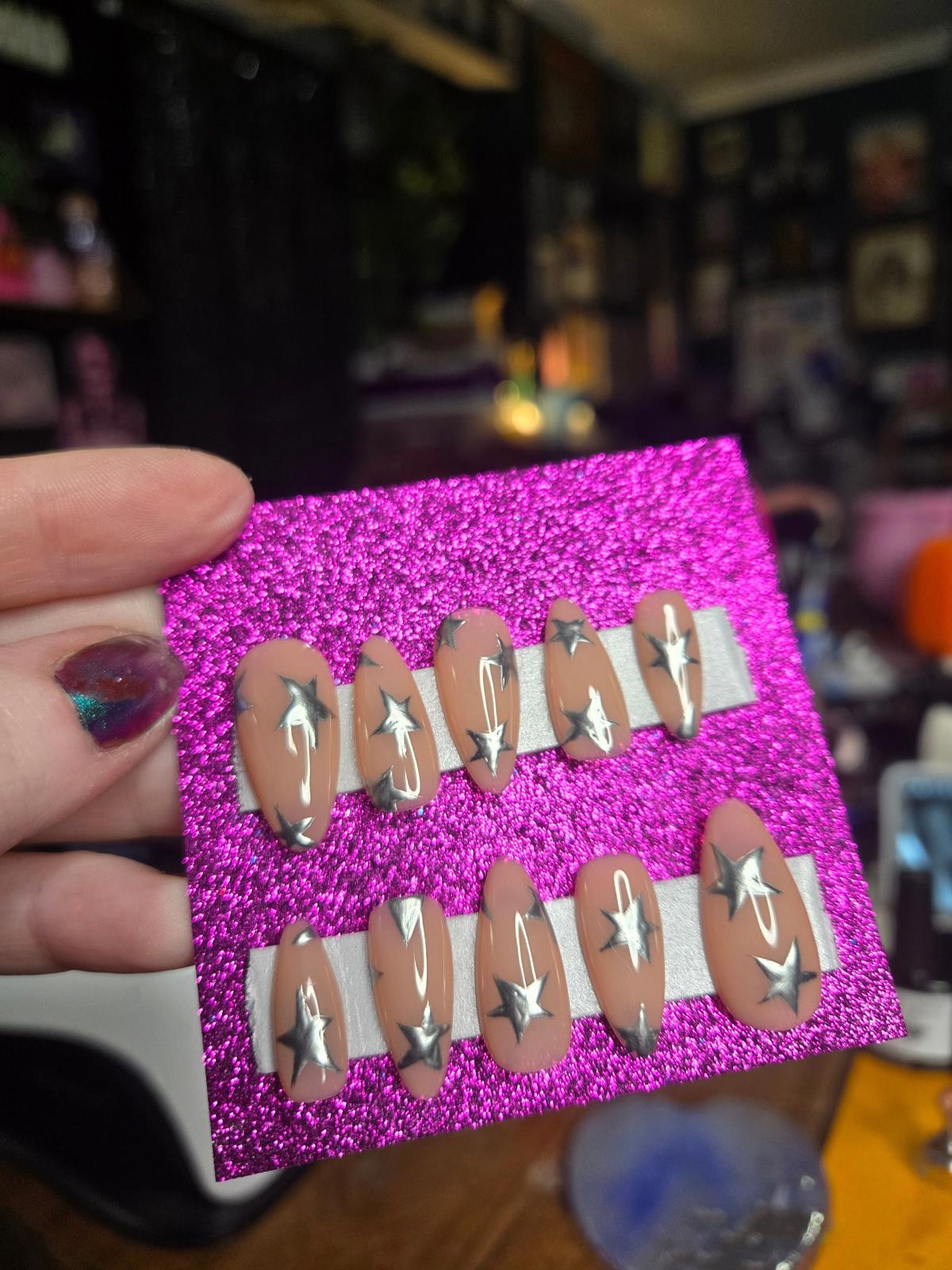 metallic starry handmade press on nails
