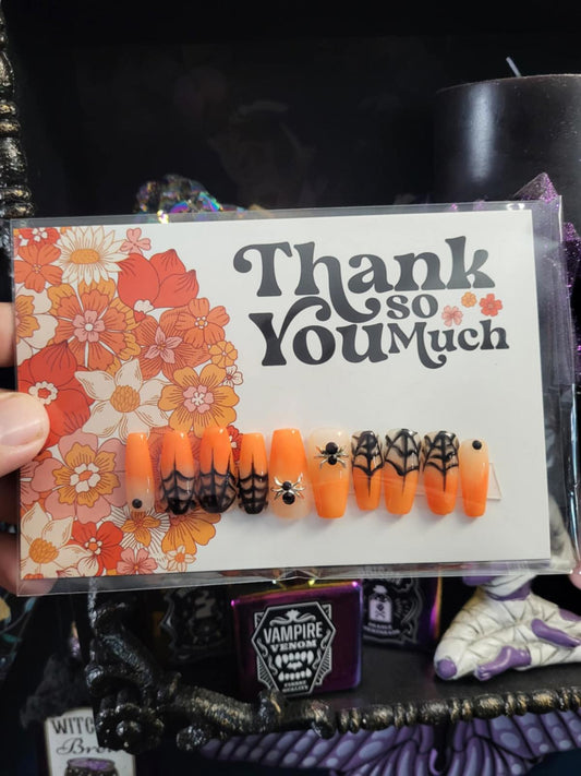 Ombre orange and spiderwebs press on nails custom made