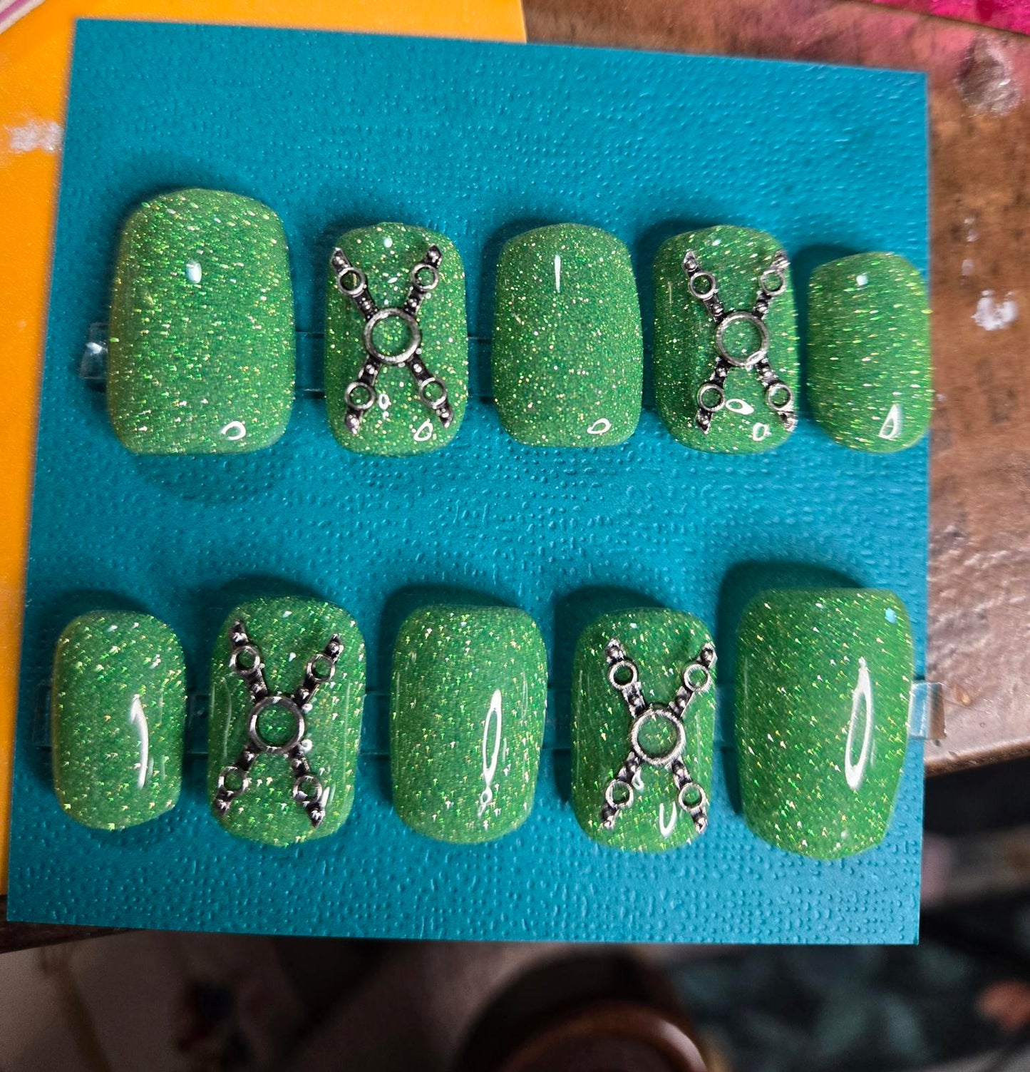 Green reflective glitter bondage nails custom made
