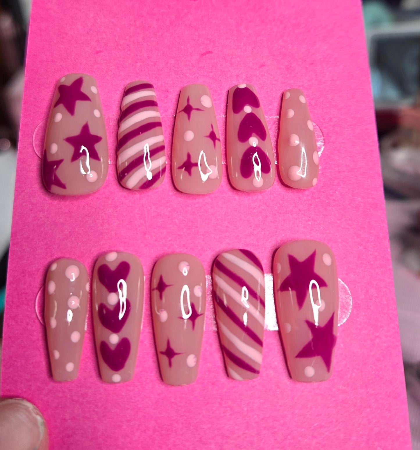 Pink and magenta stars and hearts nails custom made
