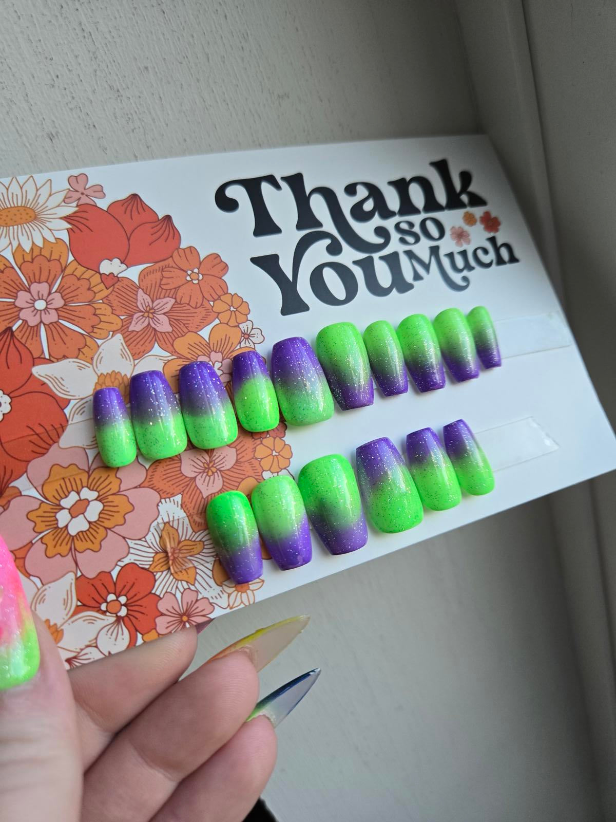 Purple to green ombre nails custom made
