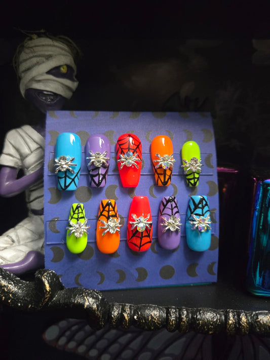 Neon spiderwebs spider charm press on Halloween nails custom made