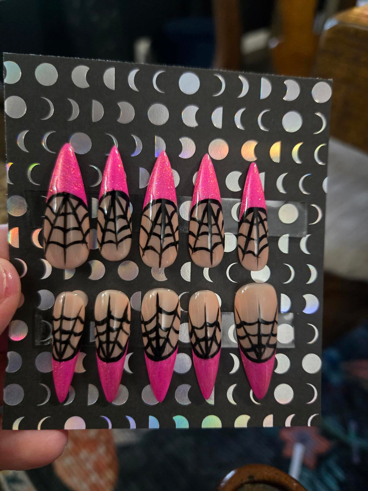 Spiderweb hot pink french tip stiletto press on nails custom made