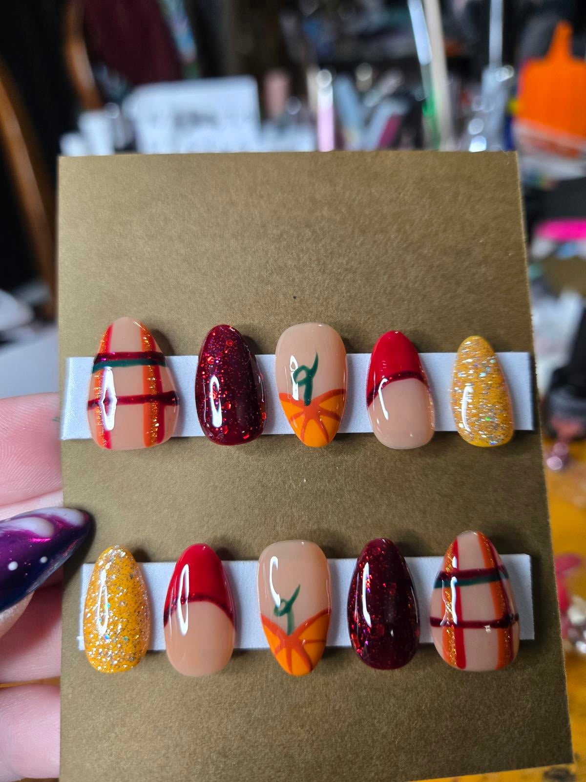 Fall thanksgiving pumpkin plaid nails custom made