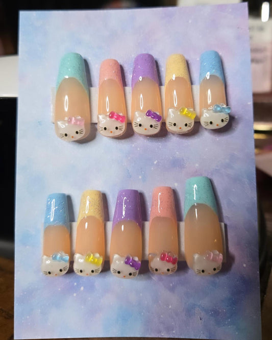 Colorful french tip hello kitty press on nails custom made