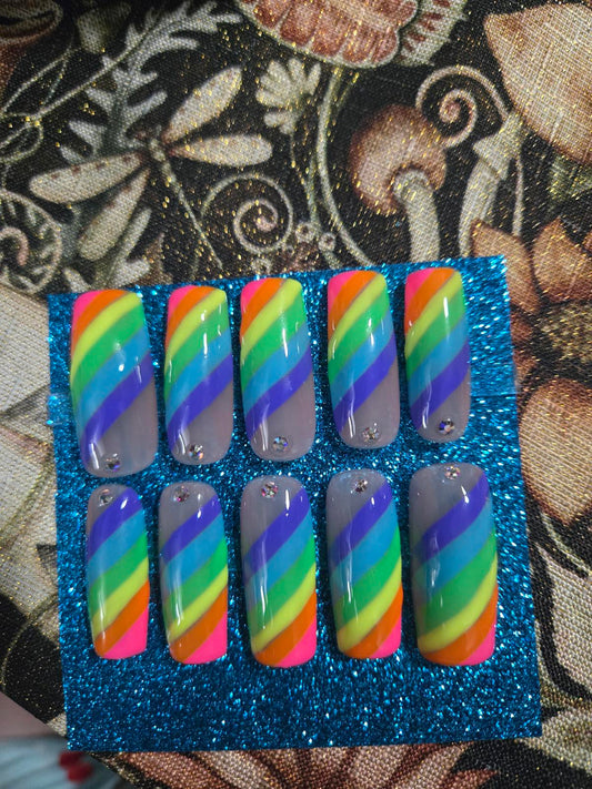 Rainbow striped square press on nails custom made