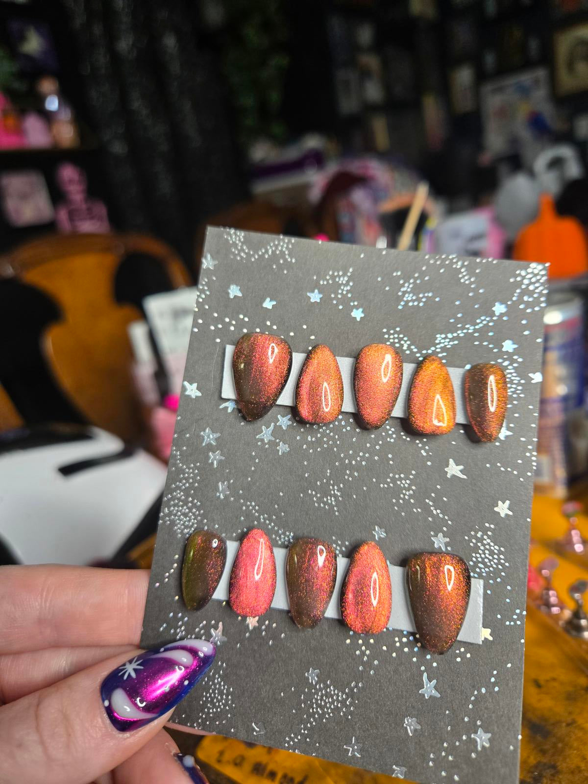 Red gold cat eye press on nails custom made
