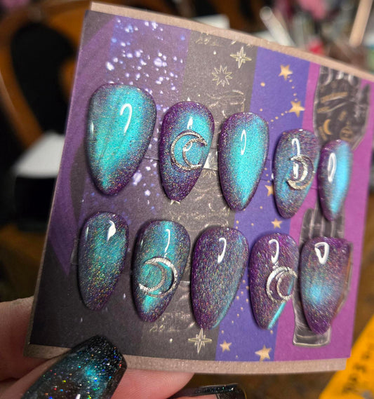 Witchy blue purple cat eye almond nails custom made