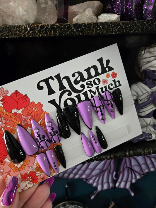 Witchy lace purple black nails custom made