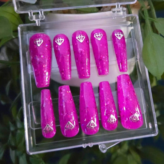 Ballerina shaped magenta sparkly press on custom nails