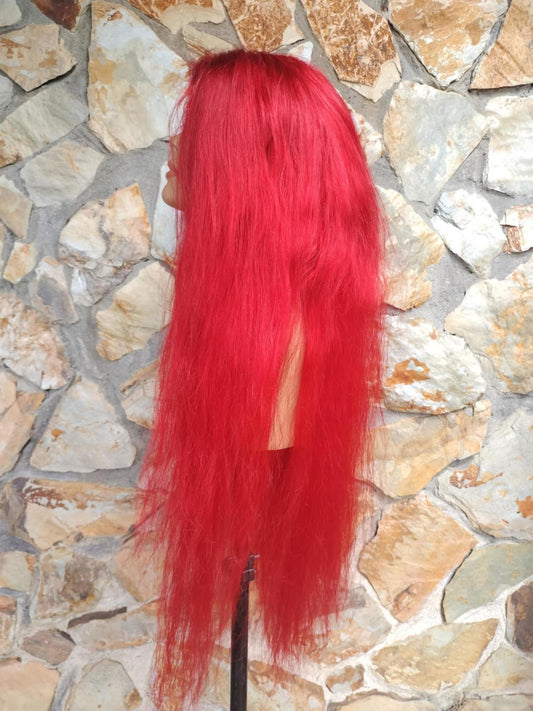 Very long bright red custom dyed human hair lace front wig